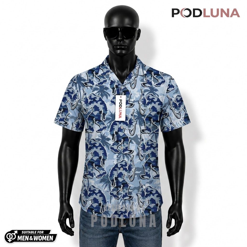 Blue Fishing Hawaiian Shirt Camo Fish Palm Silhouette Front