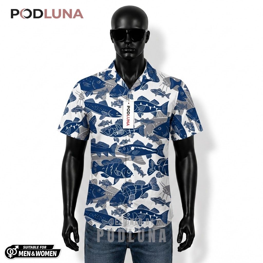 Blue Fishing Hawaiian Shirt Silhouette Fish Pattern Print Front