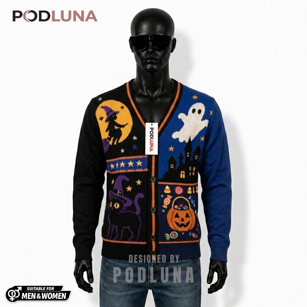 Blue Halloween Cardigan Witch Cat Ghost 1