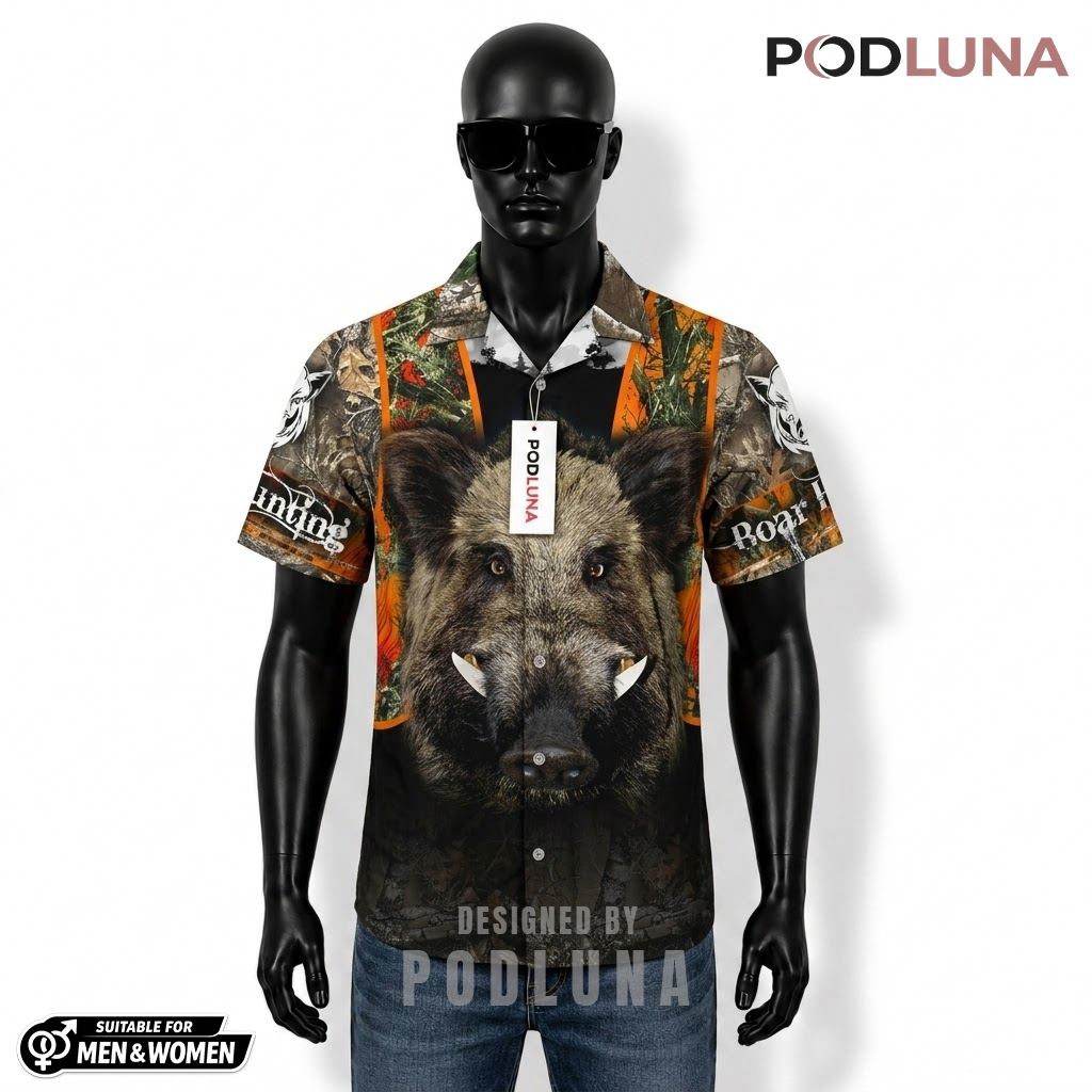 Boar Hunting Hawaiian Shirt Orange Camo Realtree Front