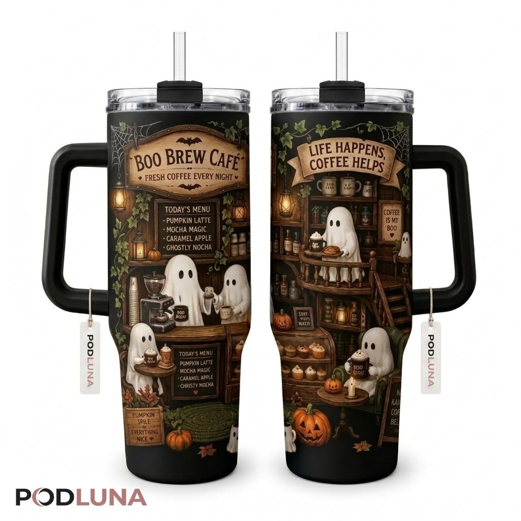 Boo Brew Cafe Halloween Tumbler 40oz Ghost Coffee Shop Design