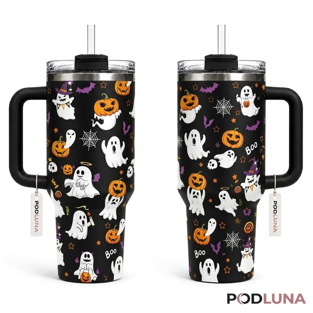 Boo Ghost Halloween Tumbler 40oz Pumpkin Head Spider Web Design