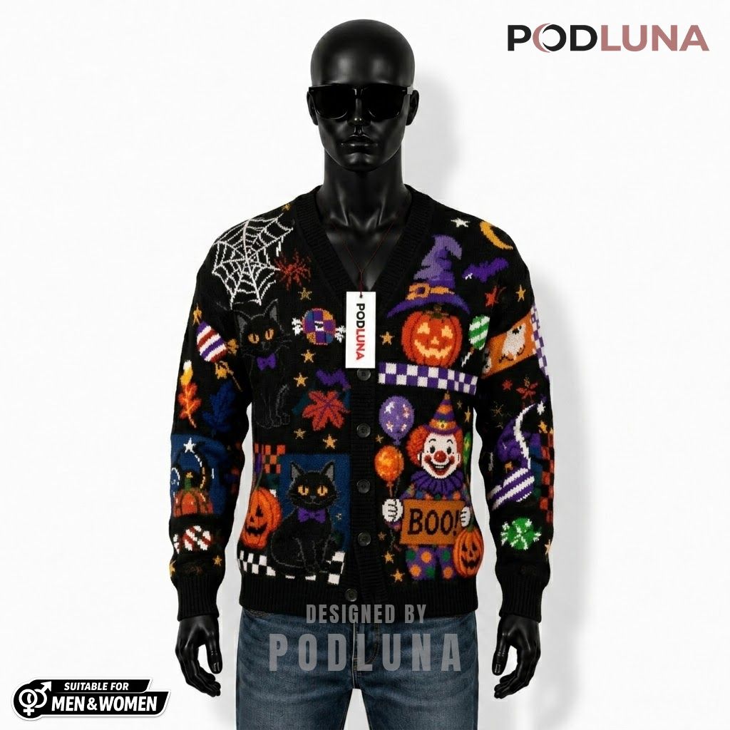 Boo Halloween Cardigan Clown Black Cat 1