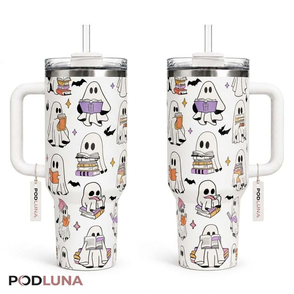 Bookworm Ghost Halloween Tumbler 40oz Reading Books Bookish Design