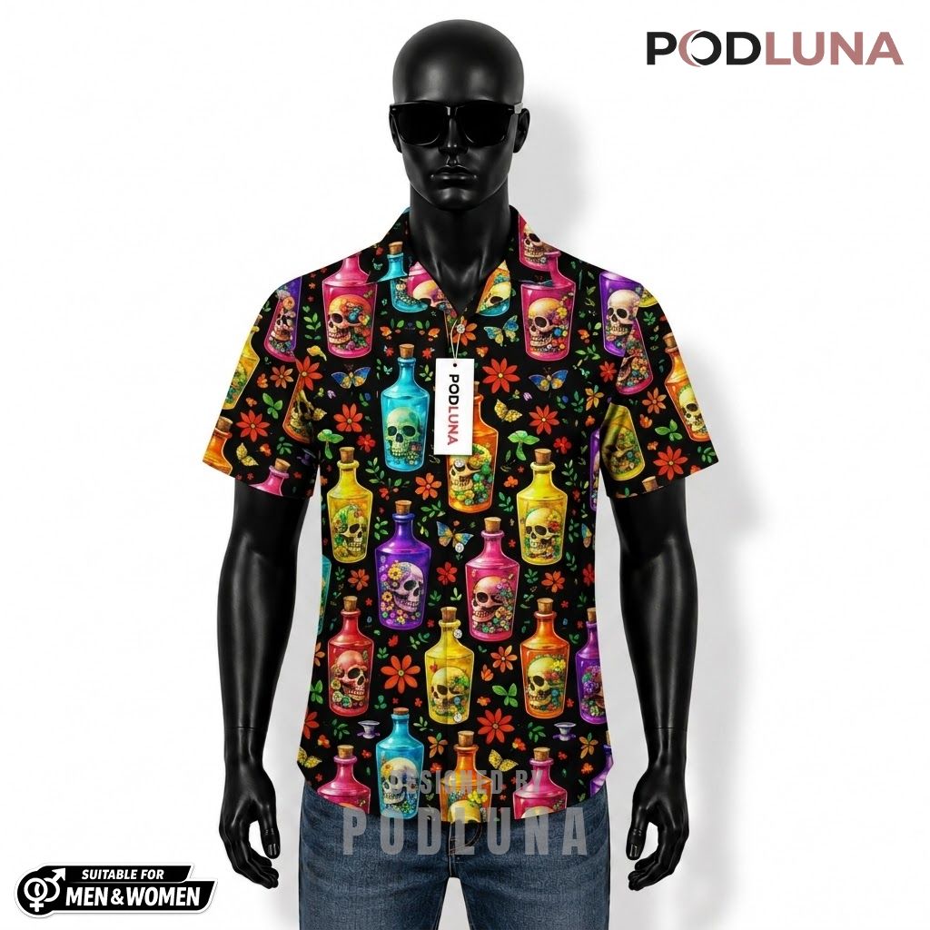 Bottled Skull Halloween Hawaiian Shirt Floral Colorful Front