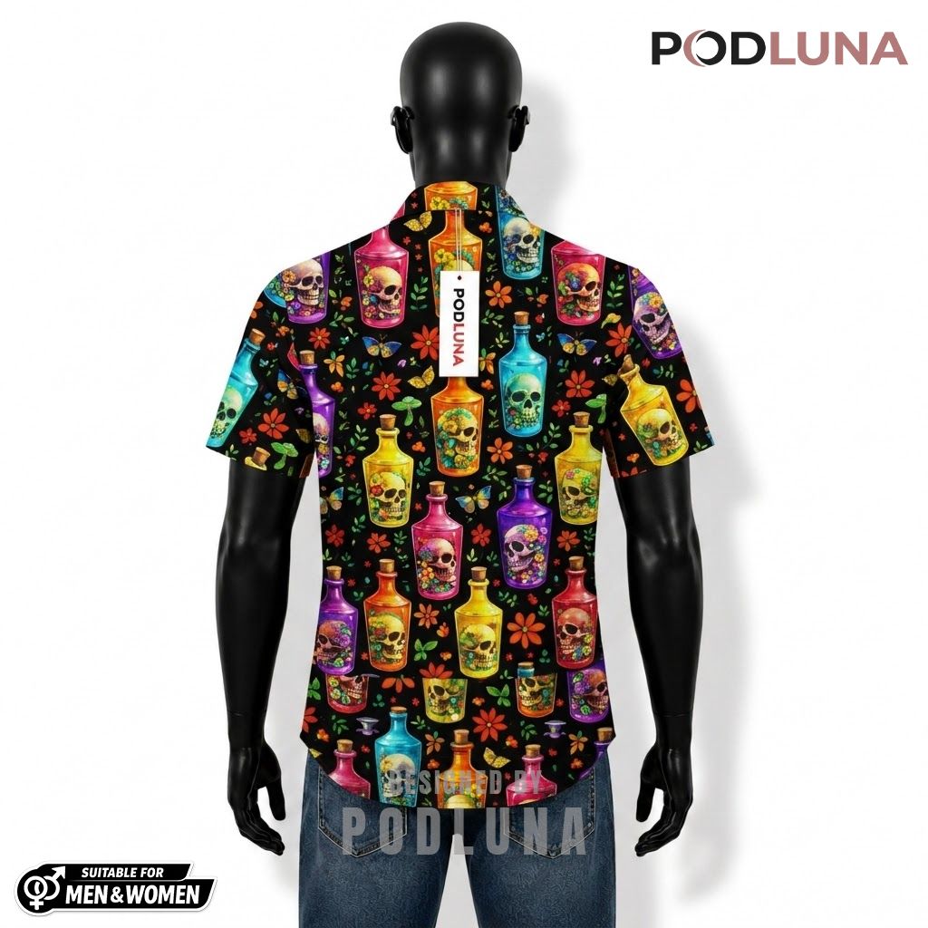 Bottled Skull Halloween Hawaiian Shirt Floral Colorful Back Bottled Skull Halloween Hawaiian Shirt Floral Colorful Back