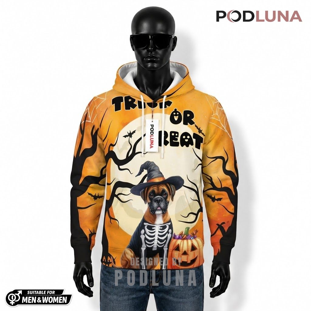 Boxer Dog Halloween 3D Hoodie Trick Or Treat Witch Hat 1