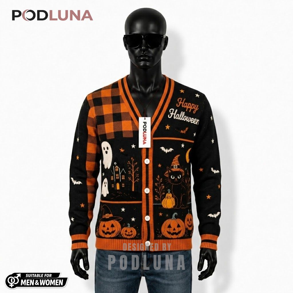Buffalo Plaid Halloween Cardigan Black Cat 1