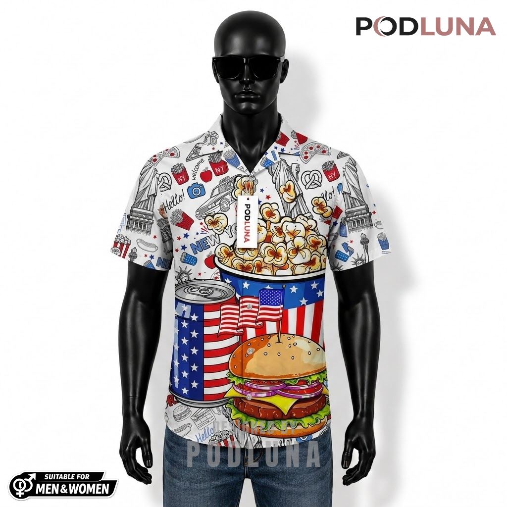 Burger Patriotic Hawaiian Shirt New York Popcorn Print Front