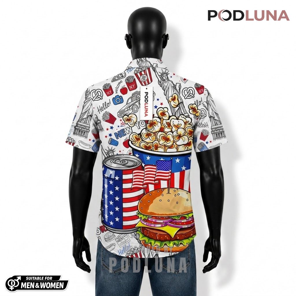 Burger Patriotic Hawaiian Shirt New York Popcorn Print Back Burger Patriotic Hawaiian Shirt New York Popcorn Print Back