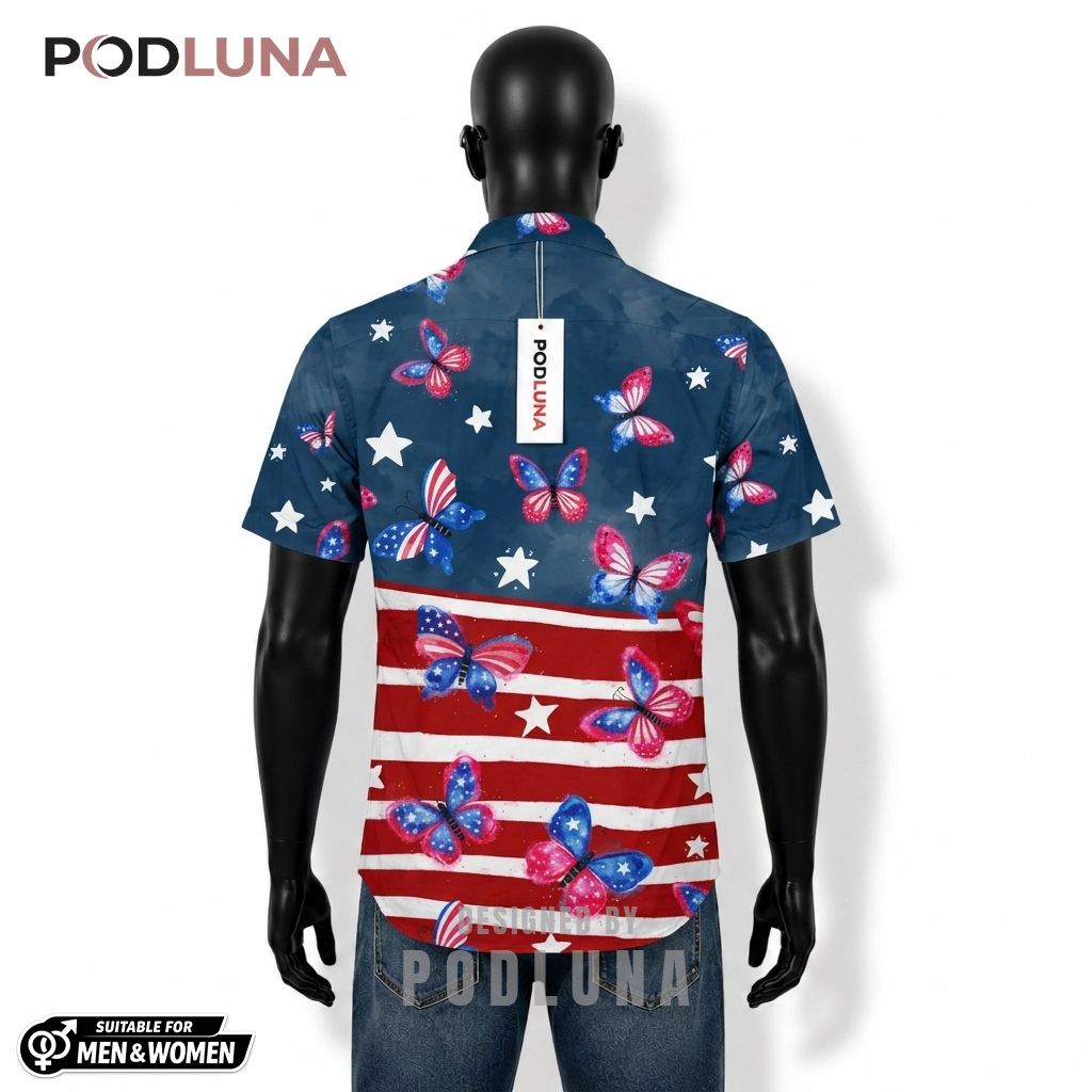 Butterfly Patriotic Hawaiian Shirt USA Flag Star Print Back Butterfly Patriotic Hawaiian Shirt USA Flag Star Print Back