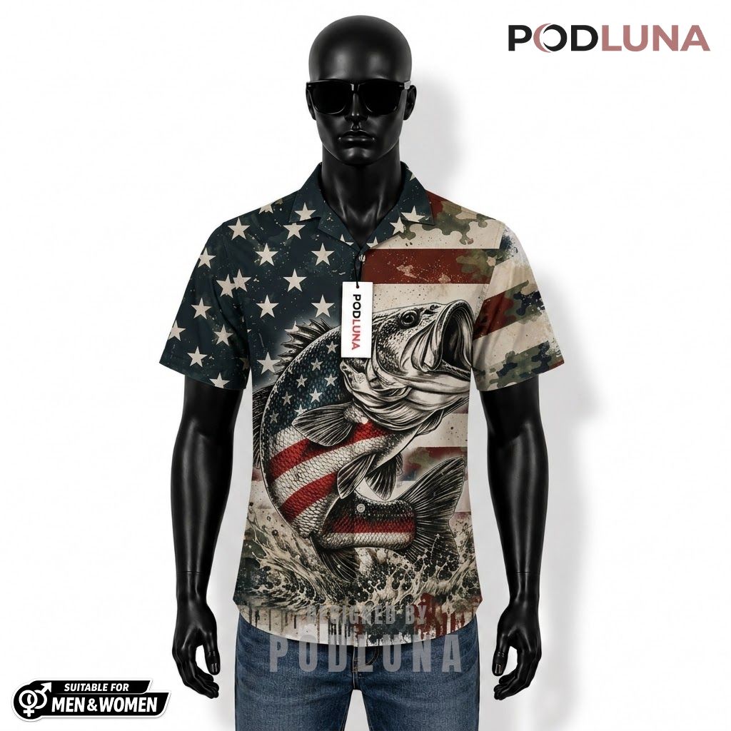 Camo Fishing Hawaiian Shirt American Flag Bass Splash Print Front