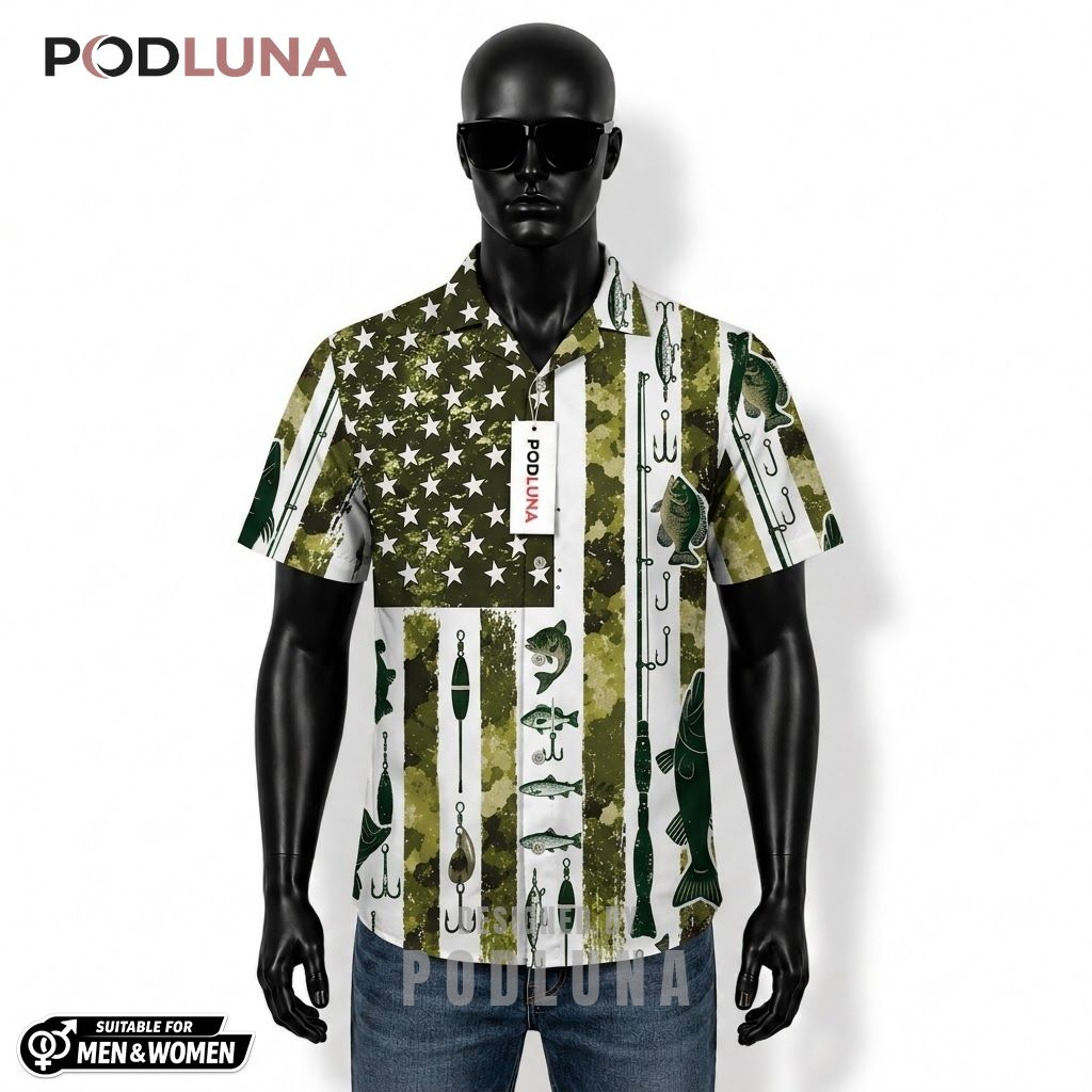 Camo Fishing Hawaiian Shirt American Flag Tackle Icons Front