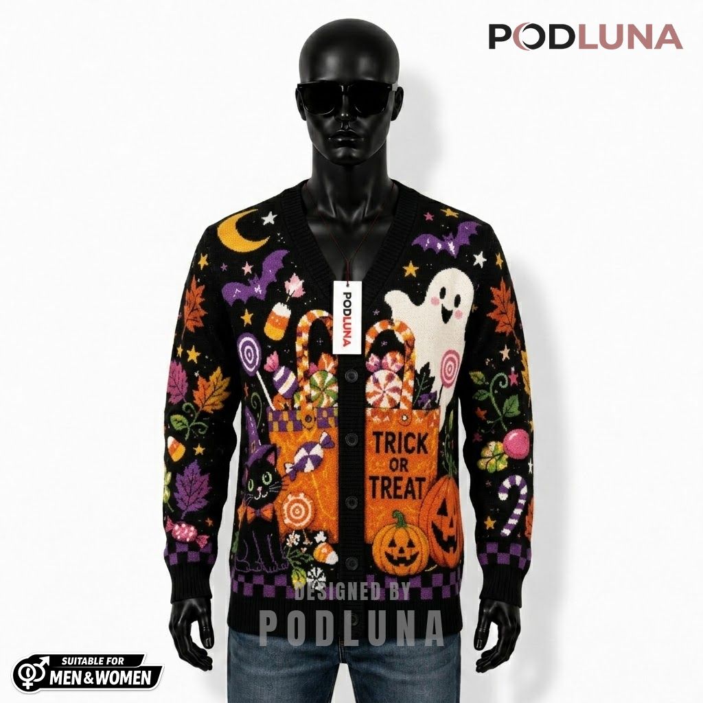 Candy Halloween Cardigan Black Cat Ghost Sweater 1