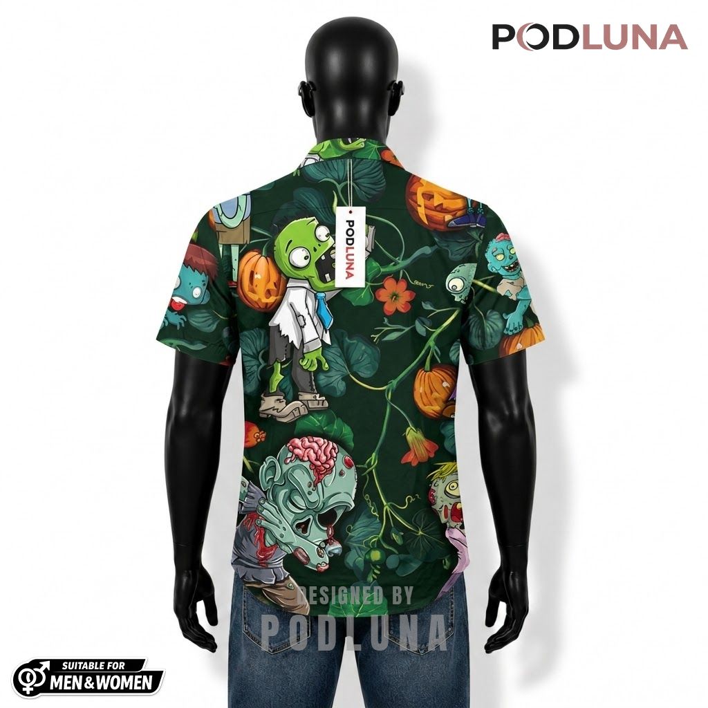 Cartoon Zombie Halloween Hawaiian Shirt Tropical Leaf Pumpkin Back Cartoon Zombie Halloween Hawaiian Shirt Tropical Leaf Pumpkin Back
