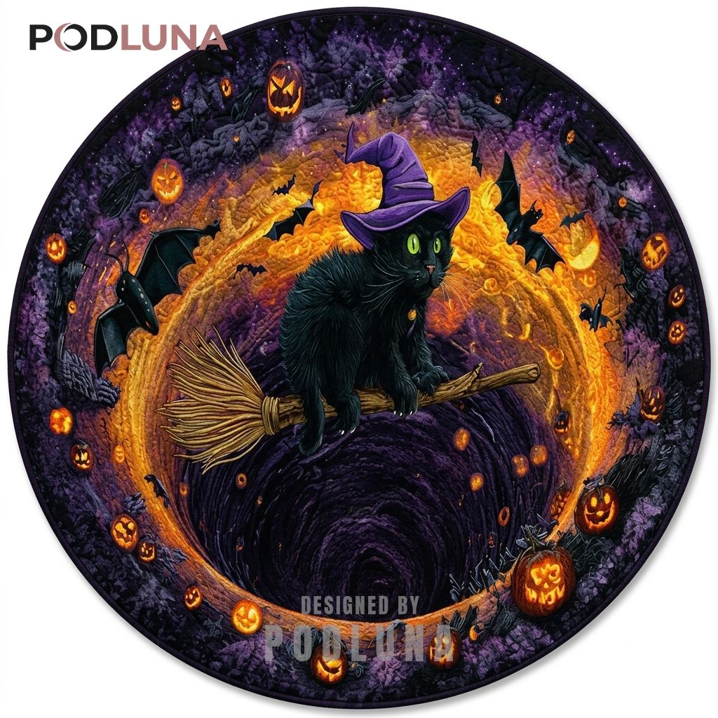 Cat Halloween 3D Rug Witch Hat Broomstick Fiery Vortex Bats