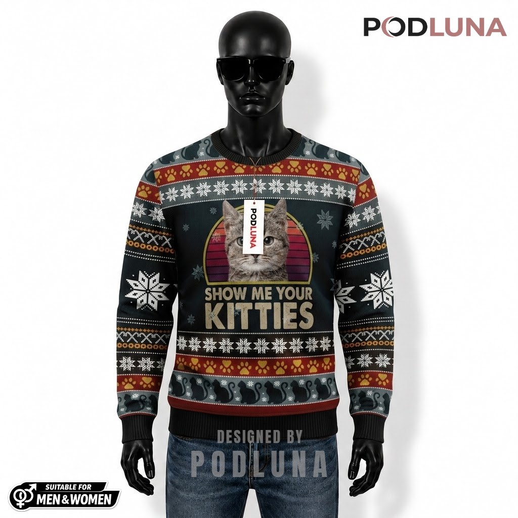 Cat Ugly Christmas Sweater Show Me Your Kitties Funny Front