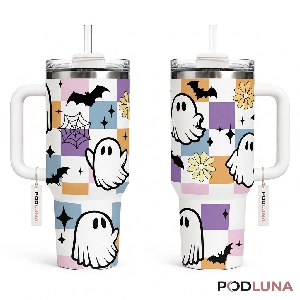 Checkered Ghost Halloween Tumbler 40oz Pastel Retro Daisy Design