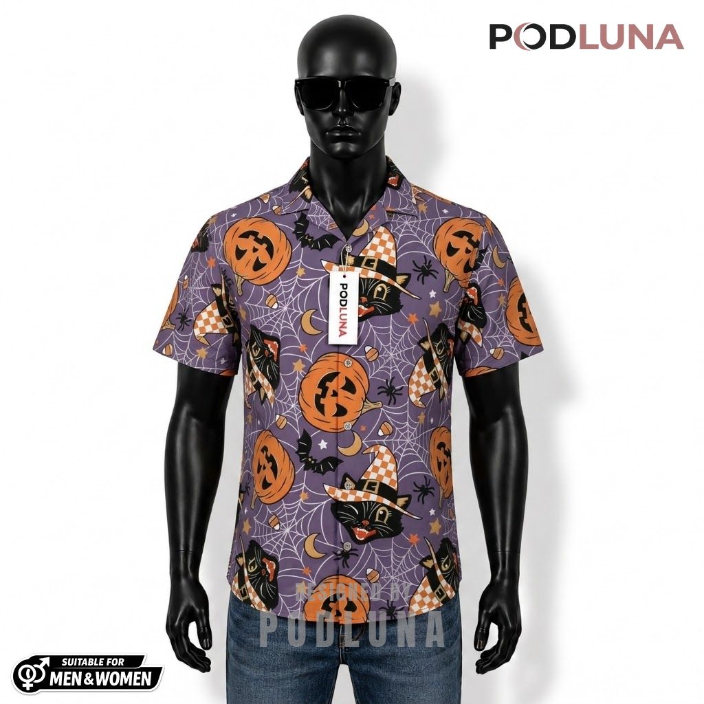 Checkered Witch Halloween Hawaiian Shirt Cat Pumpkin Purple Front