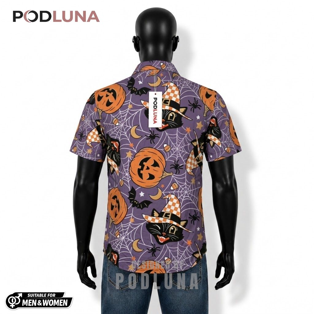 Checkered Witch Halloween Hawaiian Shirt Cat Pumpkin Purple Back Checkered Witch Halloween Hawaiian Shirt Cat Pumpkin Purple Back