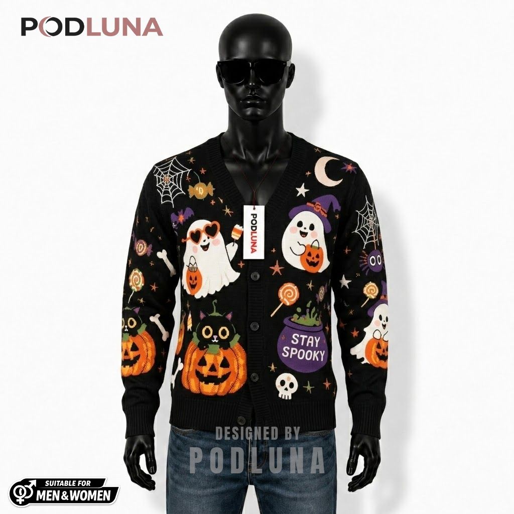 Cheerful Halloween Cardigan Ghost Black Cat 1
