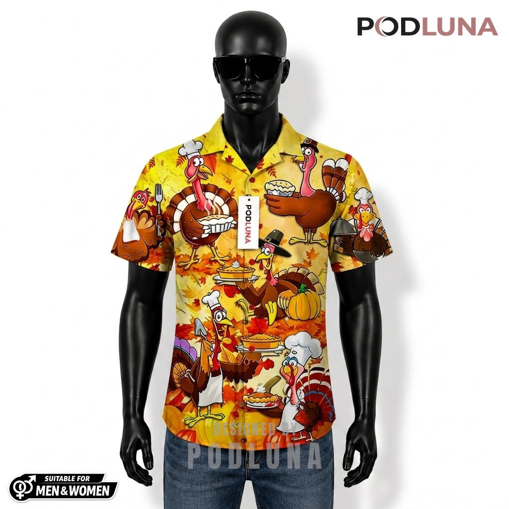 Chef Turkey Thanksgiving Hawaiian Shirt Pumpkin Pie Yellow Front
