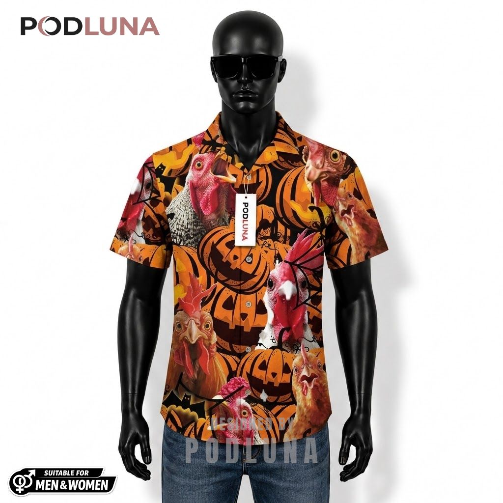 Chicken Halloween Hawaiian Shirt Pumpkin Spider Web Front