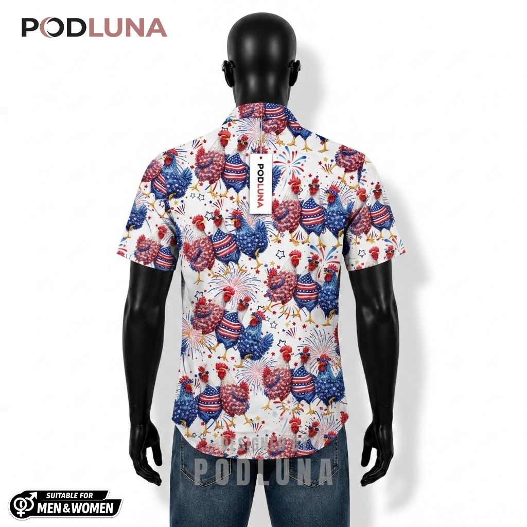 Chicken Patriotic Hawaiian Shirt Fireworks Feather Design Back Chicken Patriotic Hawaiian Shirt Fireworks Feather Design Back