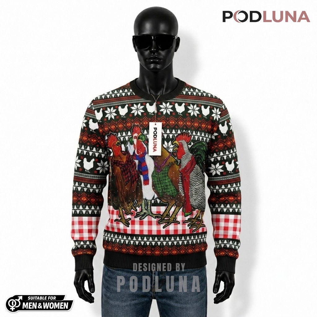 Chicken Ugly Sweater Christmas Plaid Holiday Flock Front