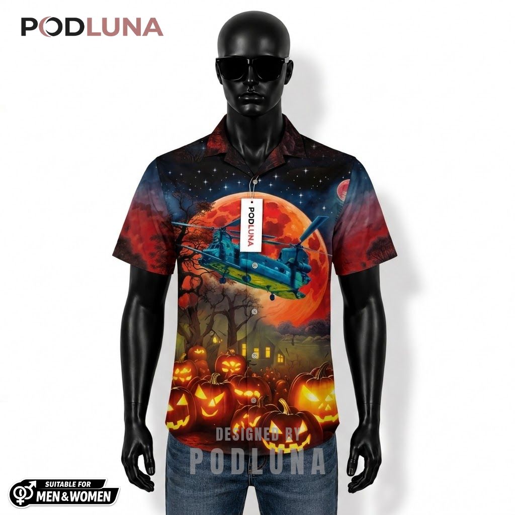 Chinook Helicopter Halloween Hawaiian Shirt Blood Moon Pumpkin Front