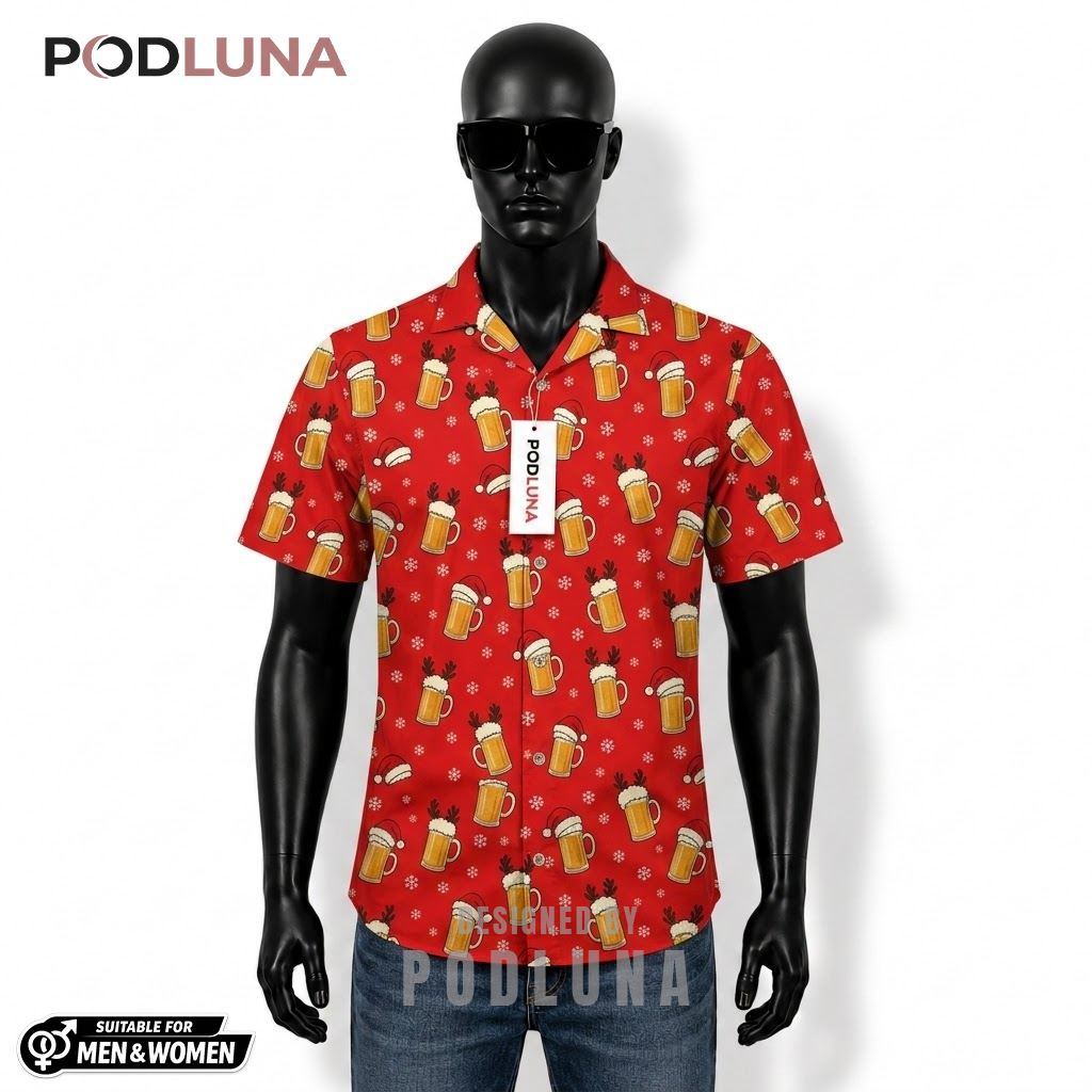 Christmas Beer Hawaiian Shirt Reindeer Snowflake Pattern Front