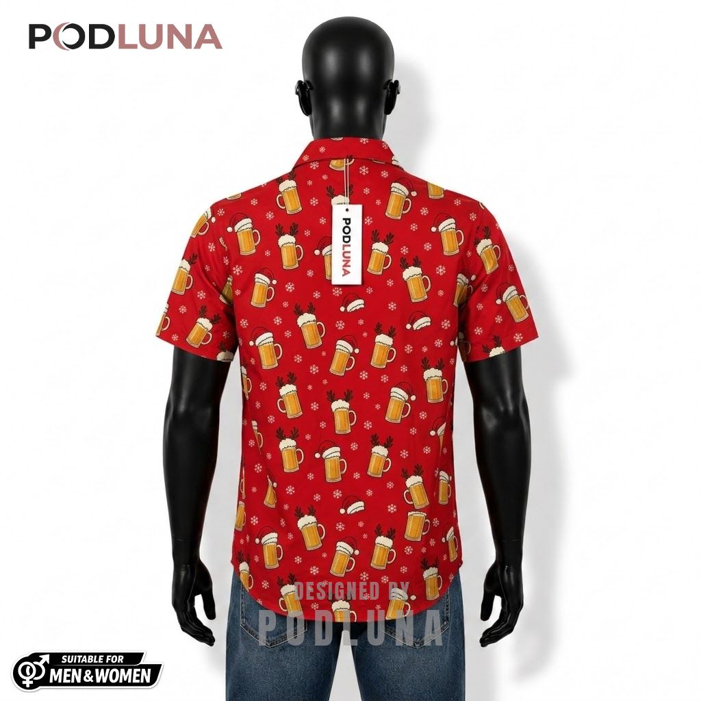 Christmas Beer Hawaiian Shirt Reindeer Snowflake Pattern Back Christmas Beer Hawaiian Shirt Reindeer Snowflake Pattern Back