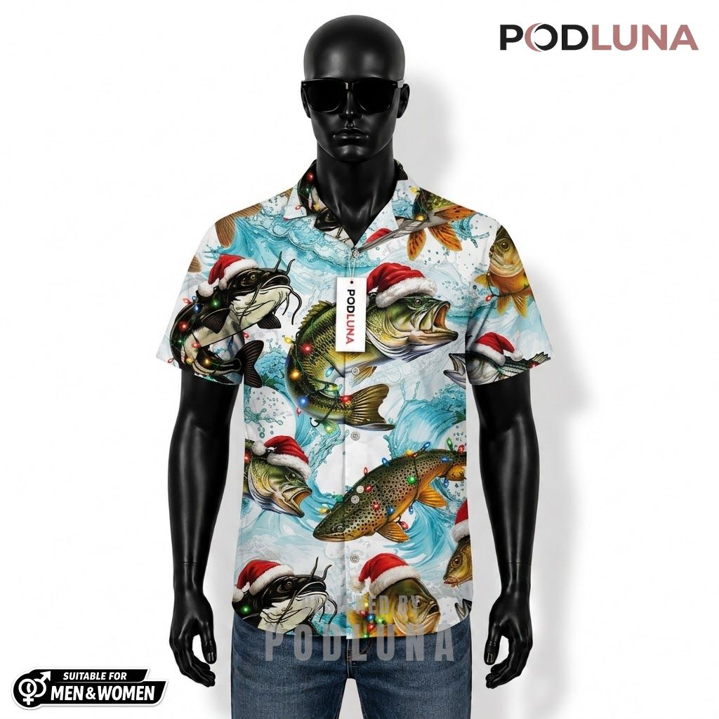 Christmas Fishing Hawaiian Shirt Santa Hat Fish Splash Front
