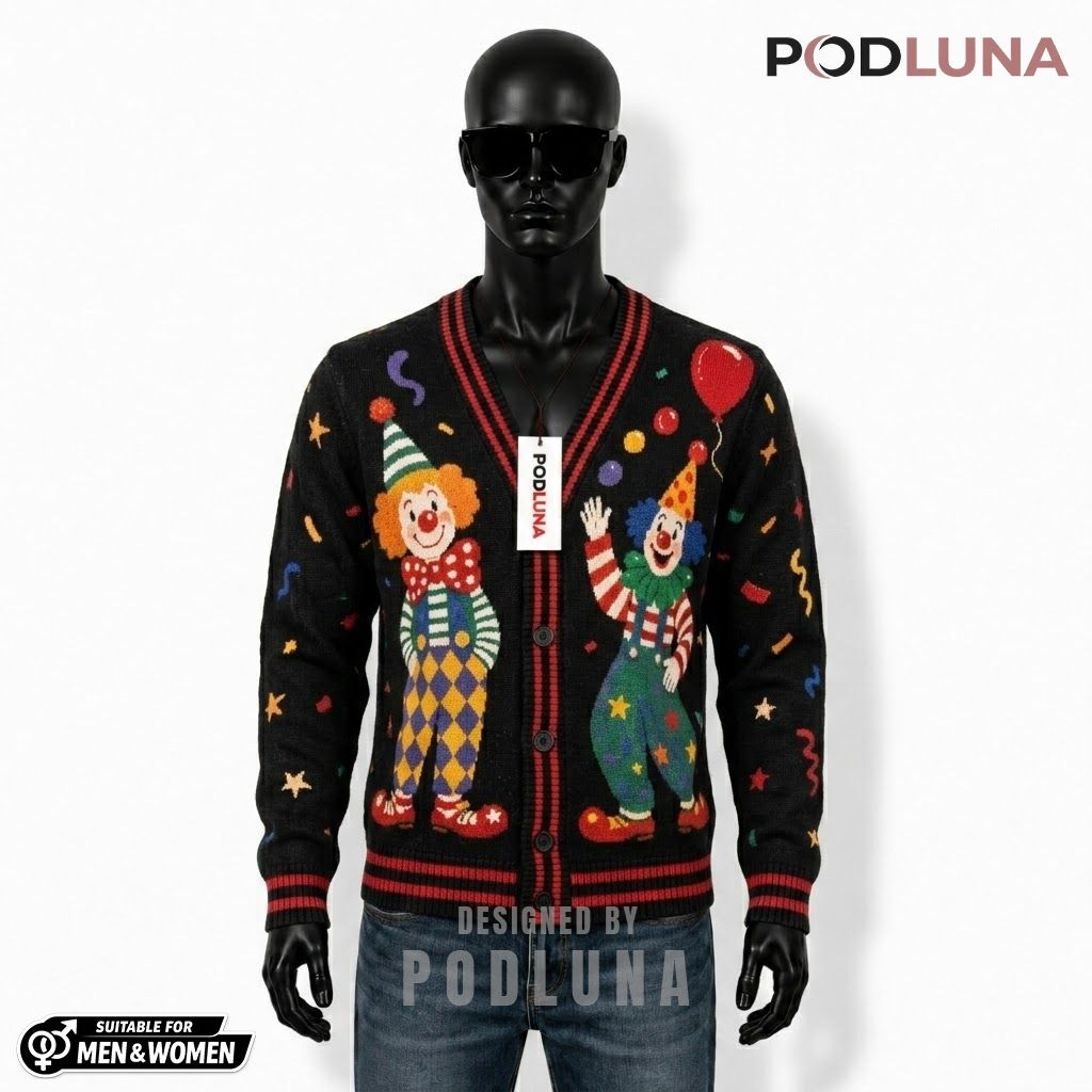 Clown Halloween Cardigan Circus Unicycle Balloon 1