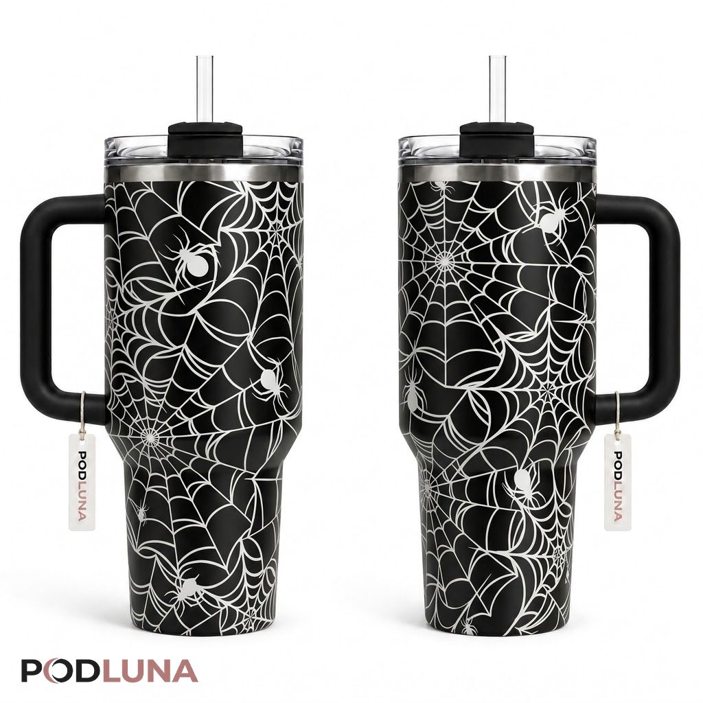 Cobweb Halloween Tumbler 40oz Black White Spider Design