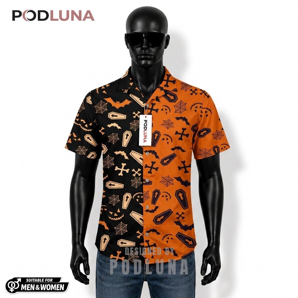 Coffin Halloween Hawaiian Shirt Split Color Bat Spider Front