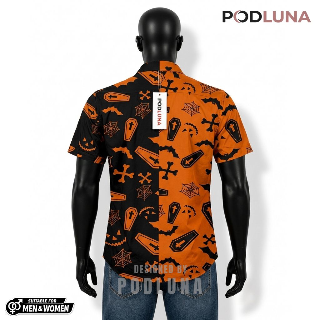 Coffin Halloween Hawaiian Shirt Split Color Bat Spider Back Coffin Halloween Hawaiian Shirt Split Color Bat Spider Back