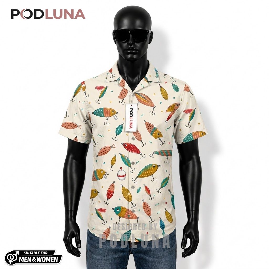 Colorful Fishing Hawaiian Shirt Retro Lure Pattern Print Front