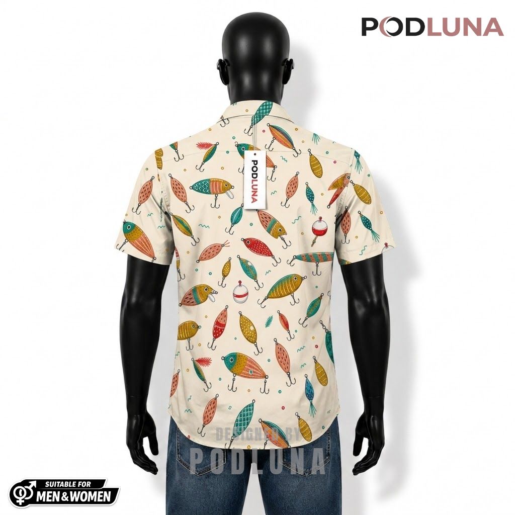 Colorful Fishing Hawaiian Shirt Retro Lure Pattern Print Back Colorful Fishing Hawaiian Shirt Retro Lure Pattern Print Back