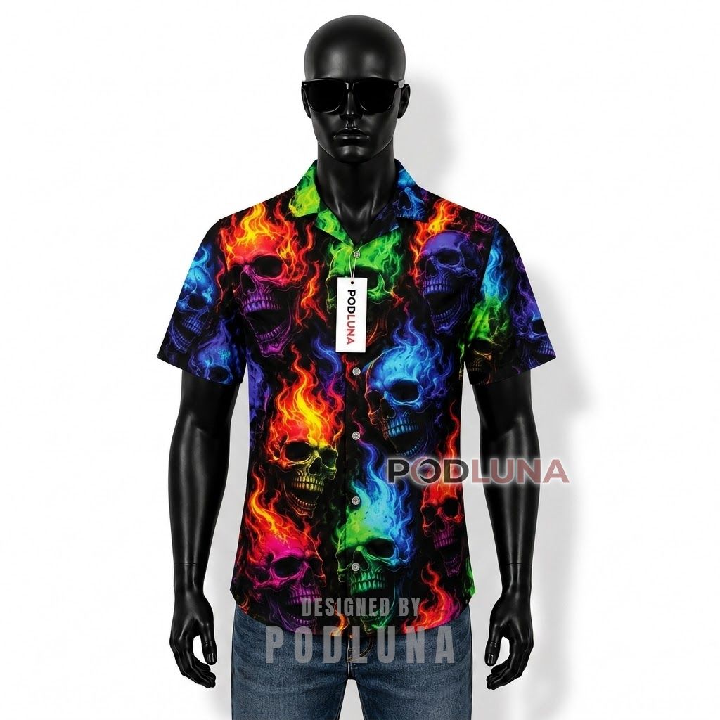 Colorful Flame Skull Hawaiian Shirt Front