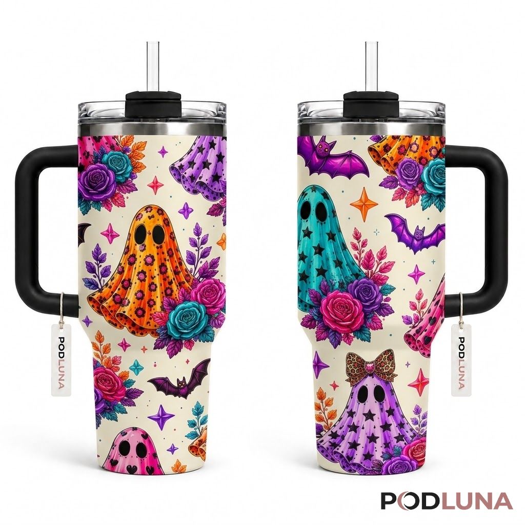 Colorful Floral Halloween Tumbler 40oz Ghost Rose Leopard Design