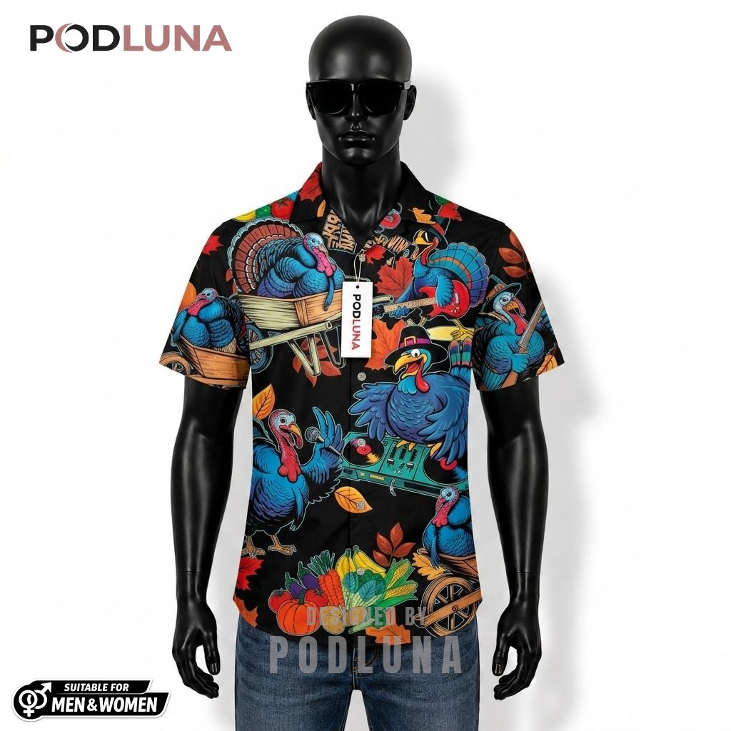 Cool Thanksgiving Hawaiian Shirt DJ Blue Turkey Music Front