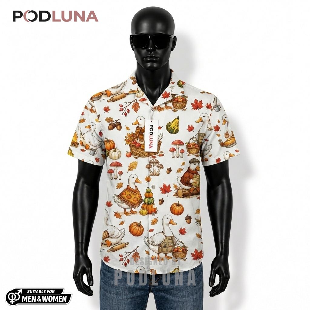Cottagecore Duck Thanksgiving Hawaiian Shirt Pumpkin Leaves White Front
