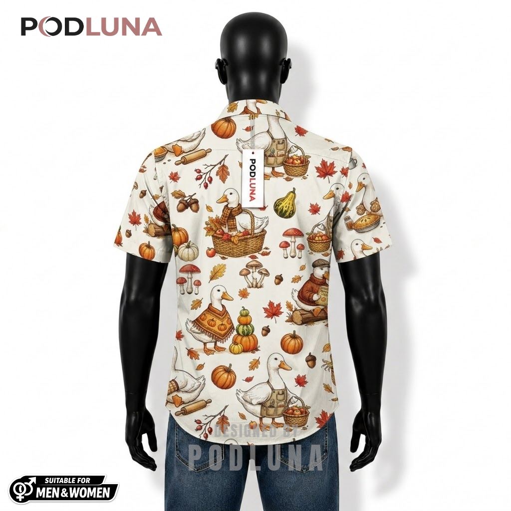 Cottagecore Duck Thanksgiving Hawaiian Shirt Pumpkin Leaves White Back Cottagecore Duck Thanksgiving Hawaiian Shirt Pumpkin Leaves White Back