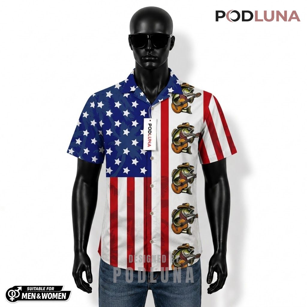 Country Fishing Hawaiian Shirt Guitar Fish Flag Print Front