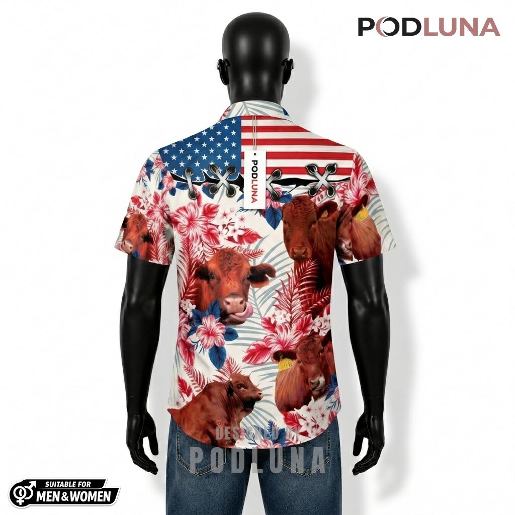 Cow Patriotic Hawaiian Shirt USA Flag Hibiscus Print Design Back Cow Patriotic Hawaiian Shirt USA Flag Hibiscus Print Design Back