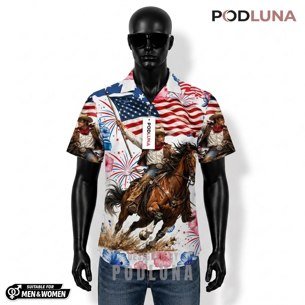 Cowboy Patriotic Hawaiian Shirt Horse Hibiscus Flag Print Front