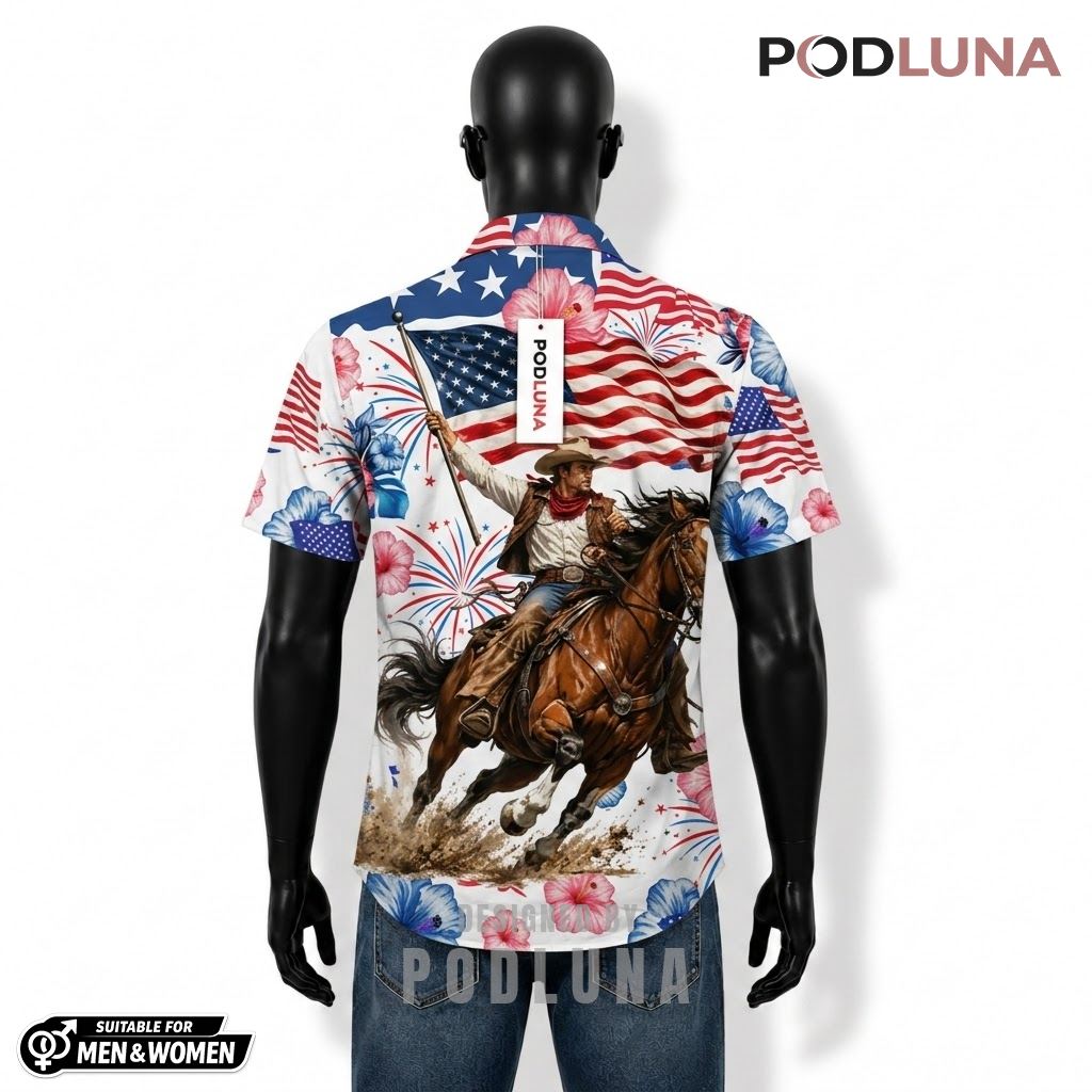 Cowboy Patriotic Hawaiian Shirt Horse Hibiscus Flag Print Back Cowboy Patriotic Hawaiian Shirt Horse Hibiscus Flag Print Back