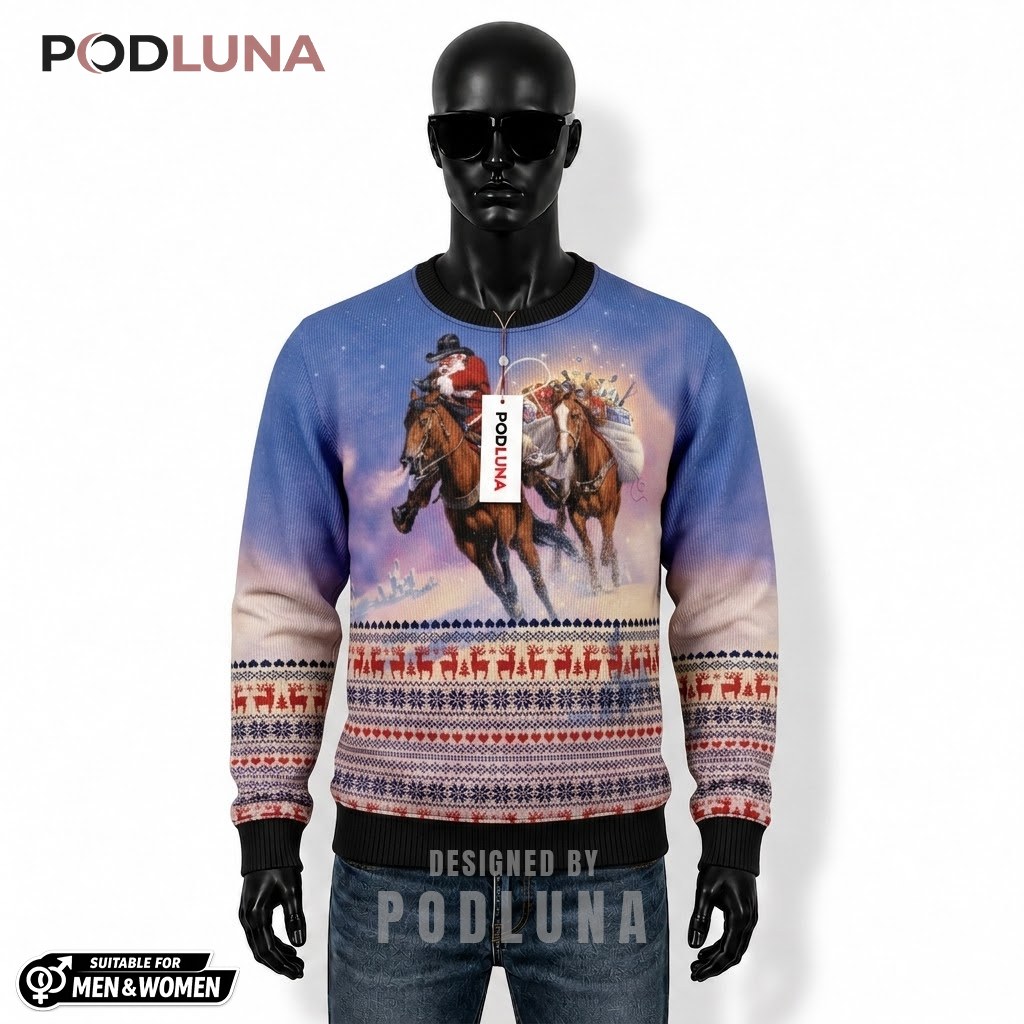 Cowboy Santa Ugly Sweater Christmas Horse Riding Front