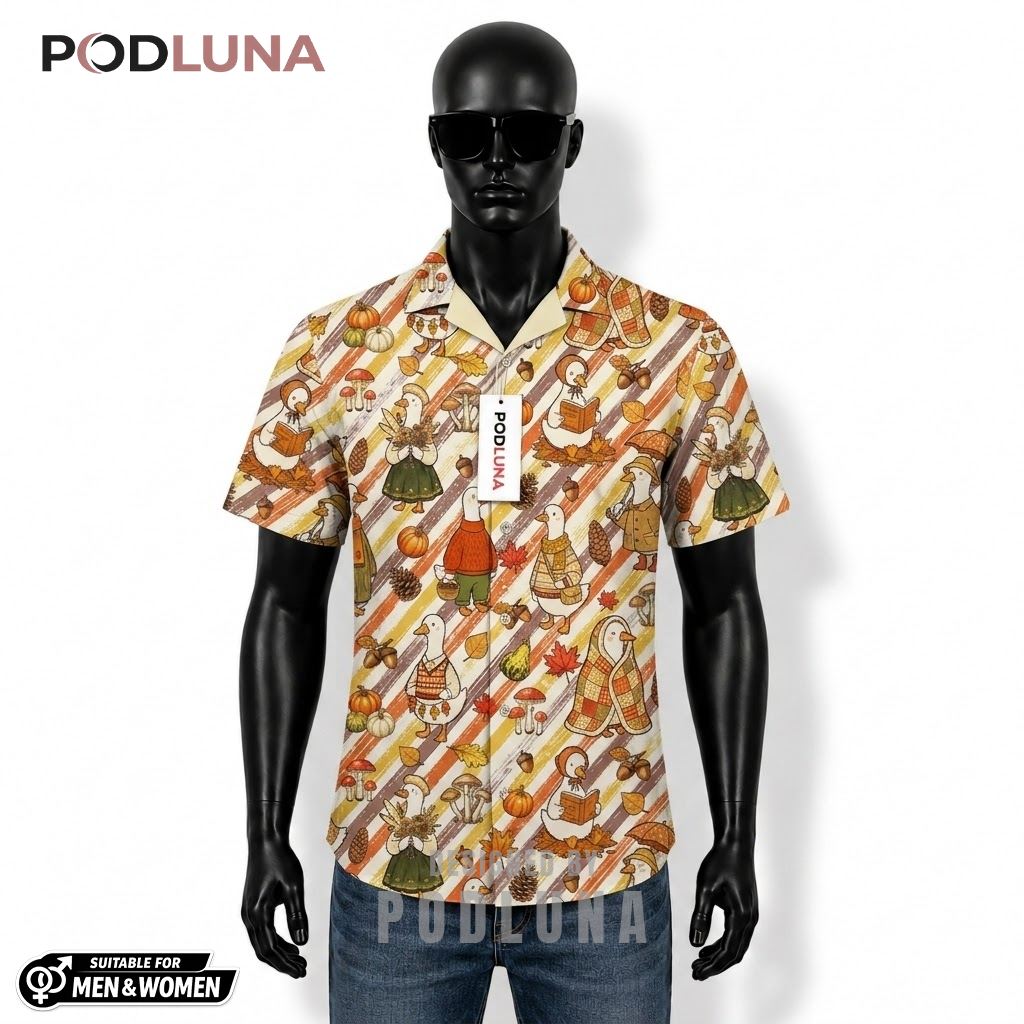 Cozy Duck Thanksgiving Hawaiian Shirt Autumn Leaves Stripe Front